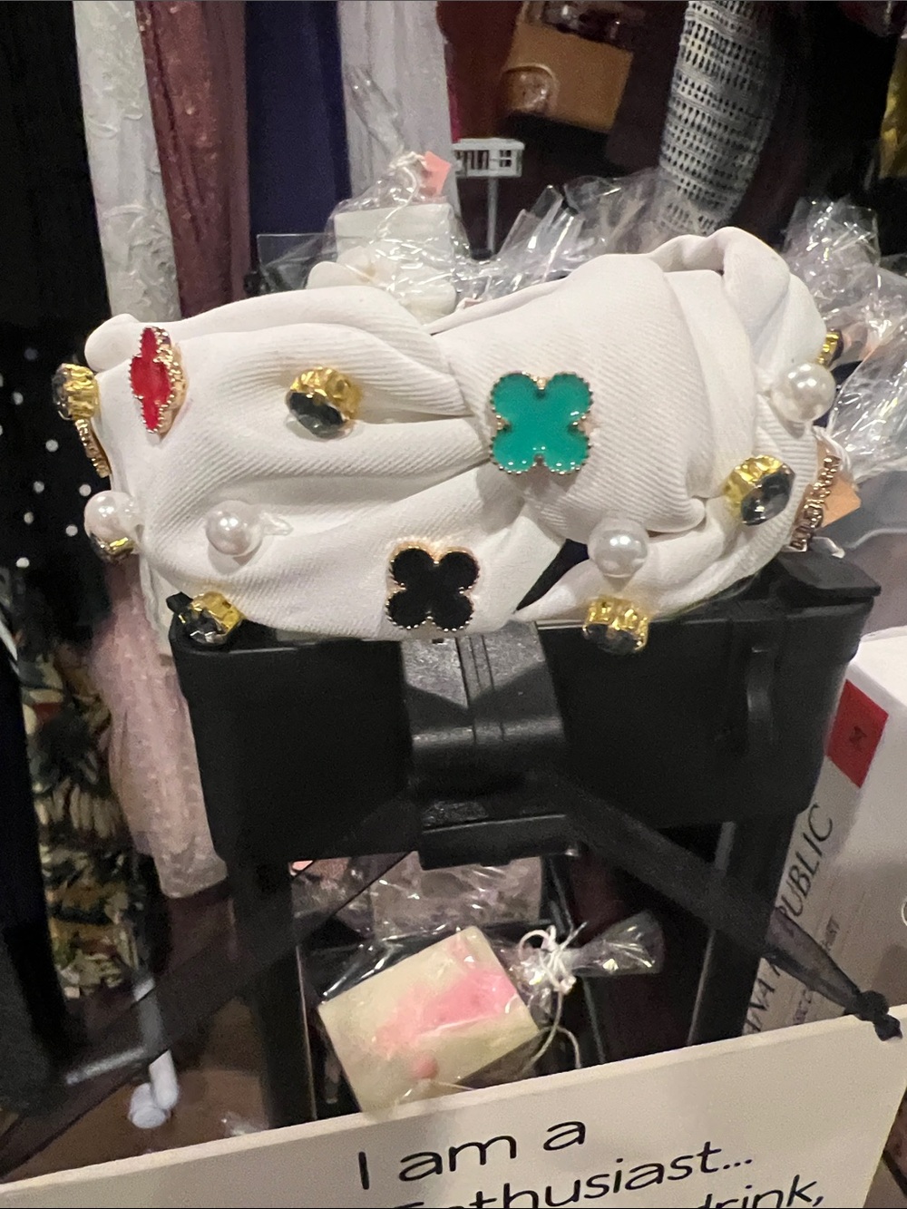 White Embellished Knot Headband with Pearls and Colorful Accents